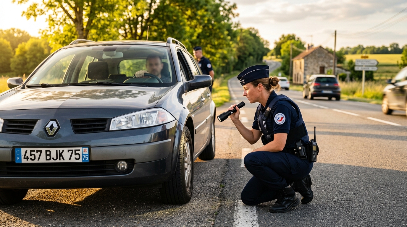 Policier inspectant les pneus d'une voiture lors d'un contrôle