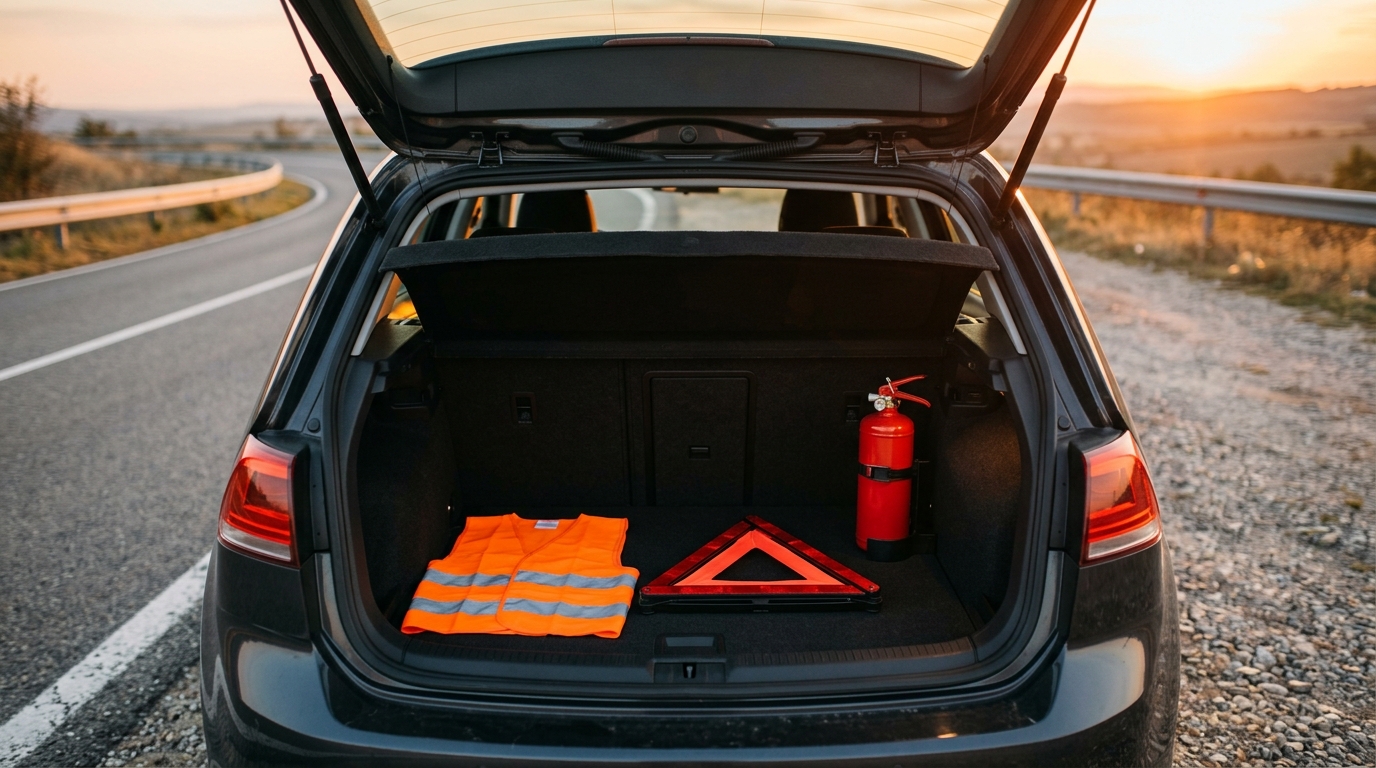 Coffre de voiture avec triangle et gilet de sécurité obligatoires
