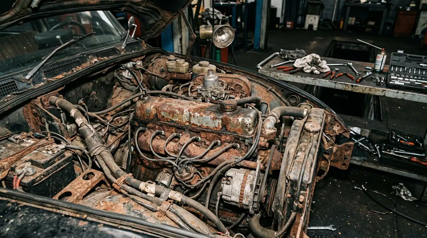 Moteur usé de voiture ancienne en atelier