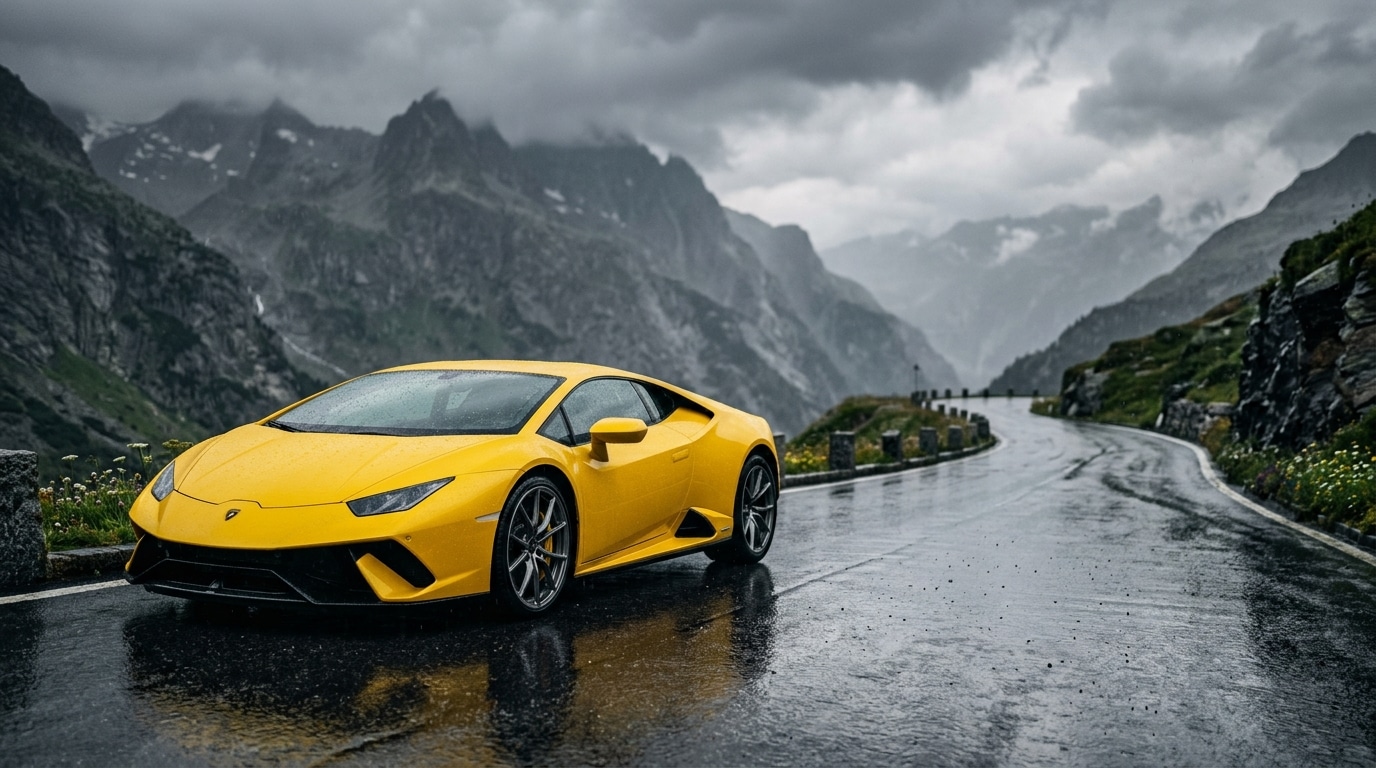 Voiture de sport jaune sous la pluie en montagne