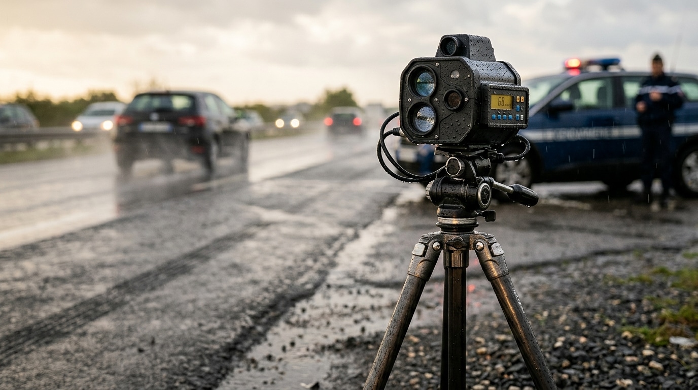 Radar de contrôle vitesse posé au bord d'une route mouillée