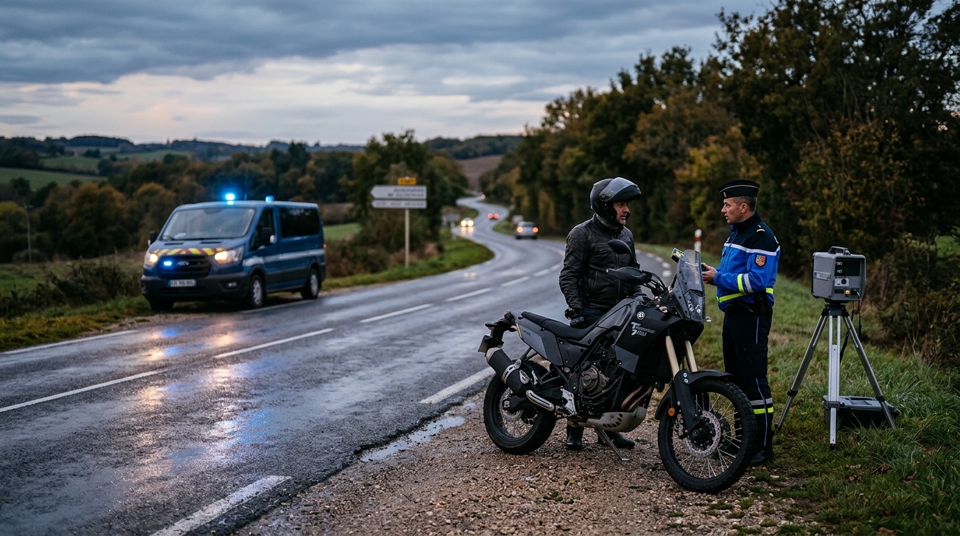 Radar de gendarmerie sur une route de campagne au crépuscule