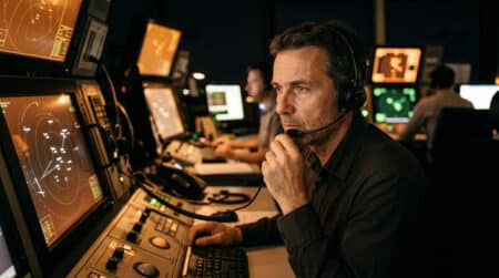 Contrôleur aérien concentré dans une salle de contrôle