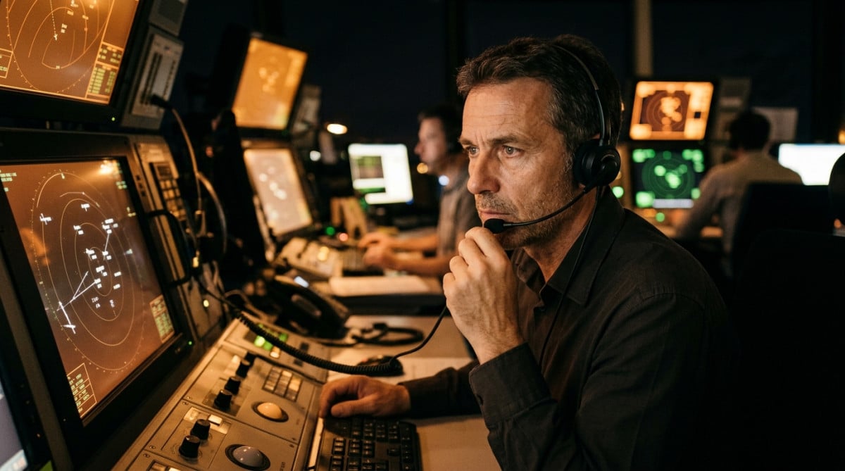 Contrôleur aérien concentré dans une salle de contrôle