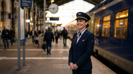 Contrôleuse SNCF souriante sur un quai de gare