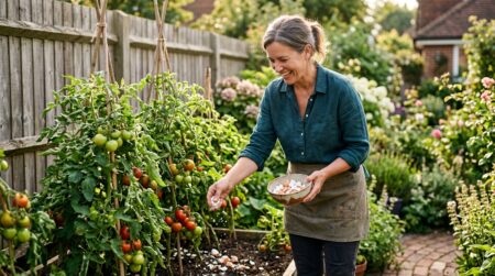 Femme versant des coquilles d'œufs au pied de tomates