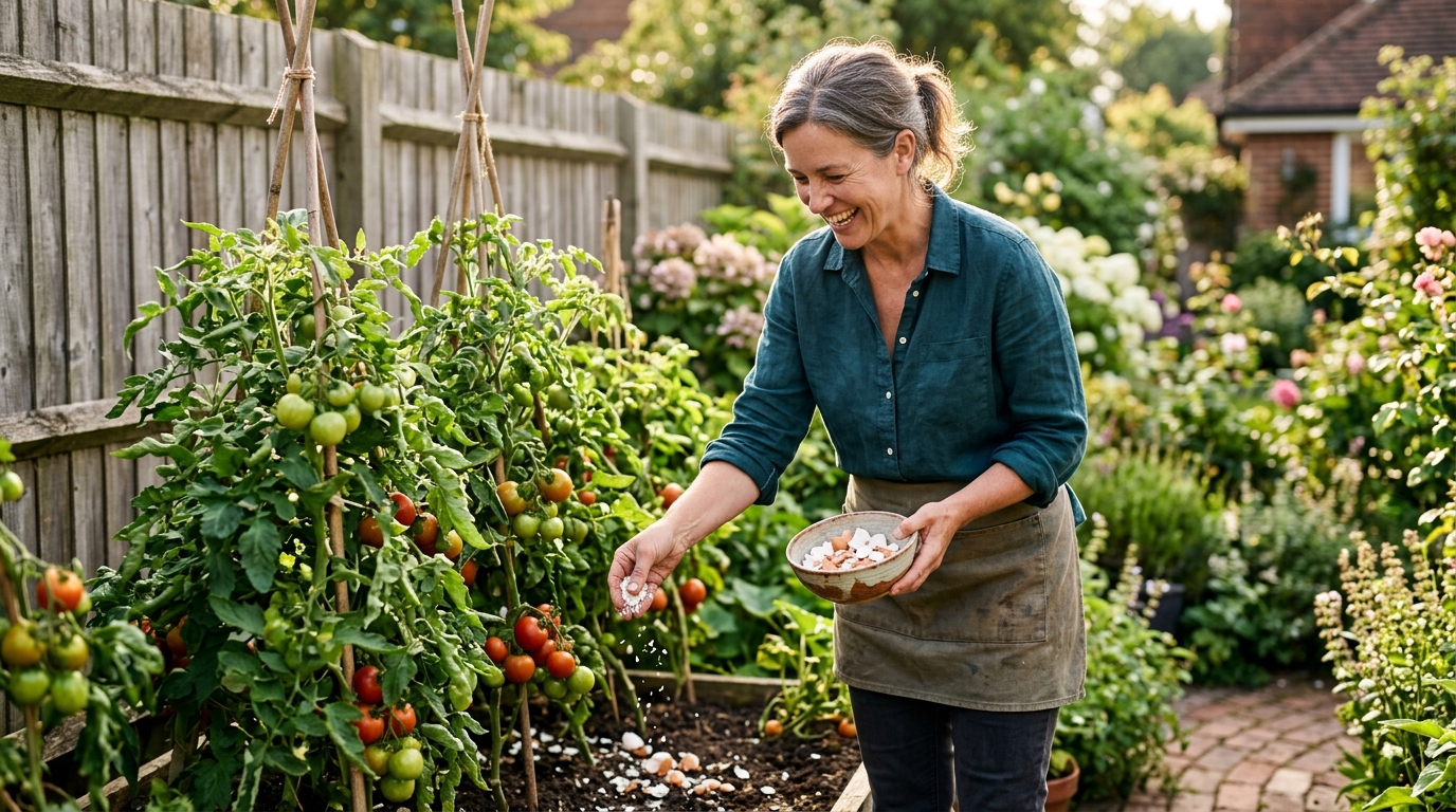 Femme versant des coquilles d'œufs au pied de tomates