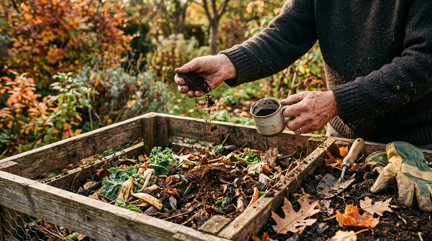 Mains déposant du marc de café dans un compost