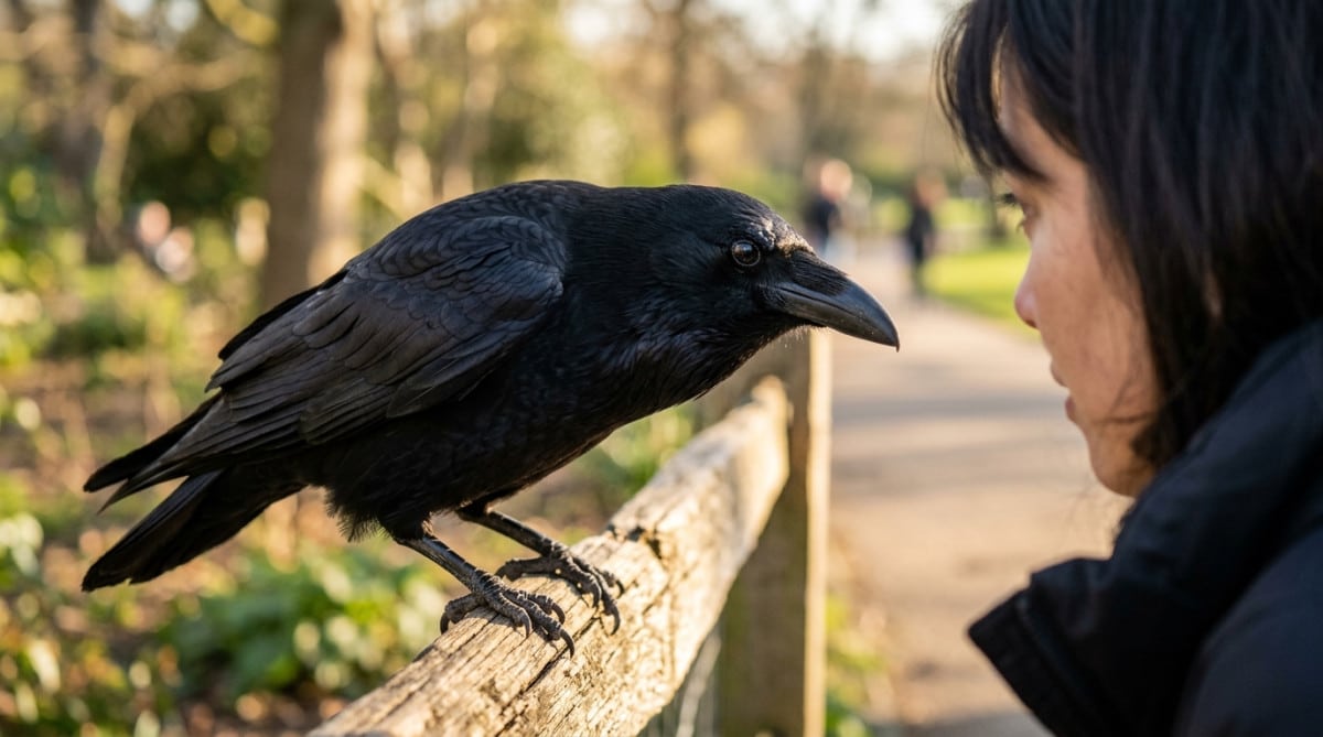 Corbeau observant intensément le visage d'un humain