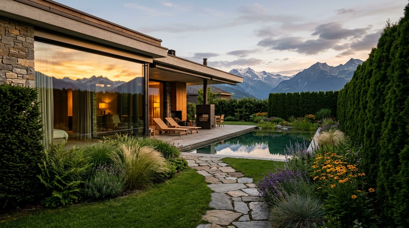 Jardin privé d'une villa suisse au coucher du soleil