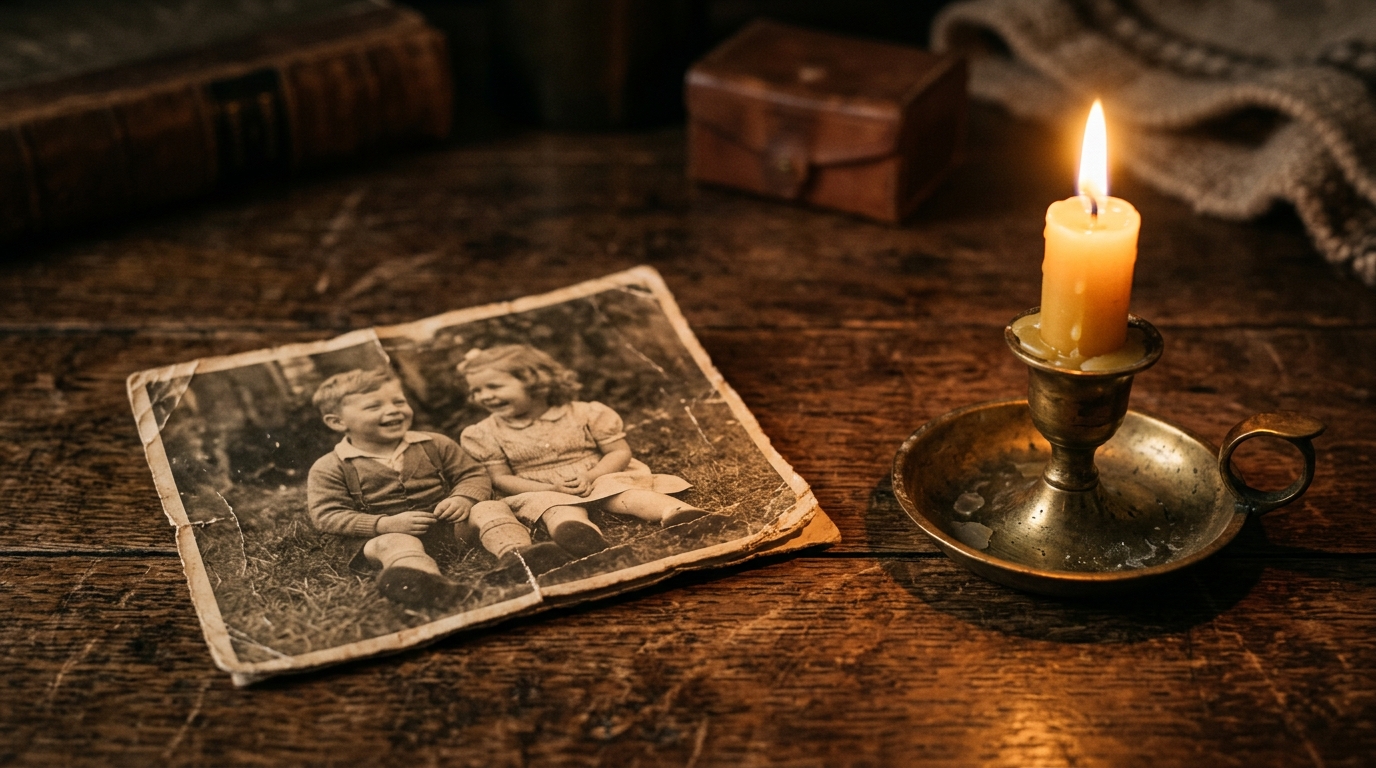 Photo ancienne et bougie sur une table en bois