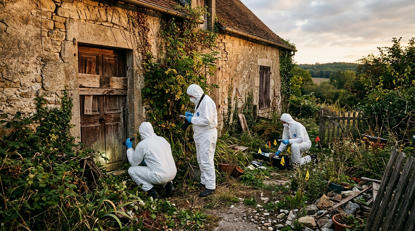 Maison abandonnée inspectée par des enquêteurs en tenue