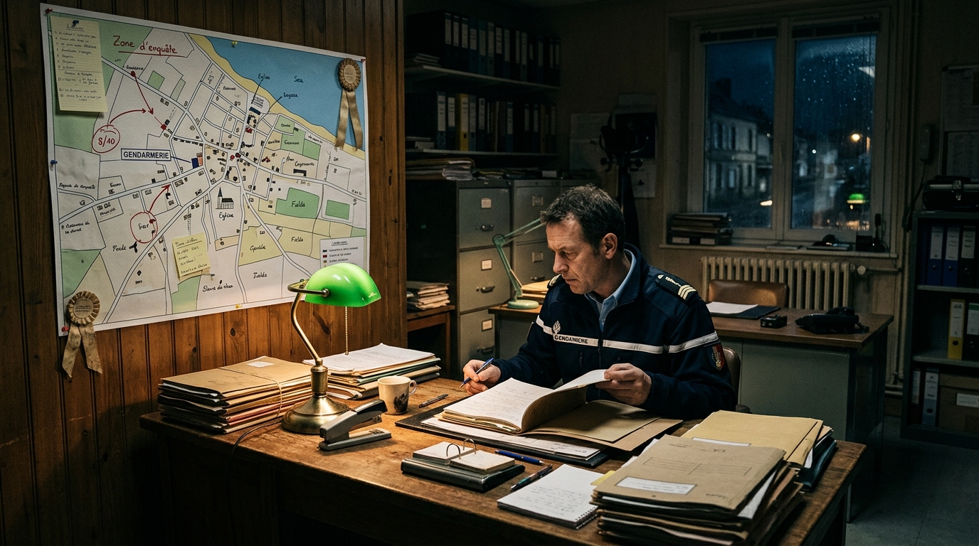 Bureau de gendarmerie avec dossiers d'enquête et carte