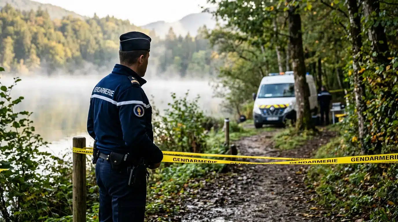 Gendarme près d'un cordon de sécurité en forêt