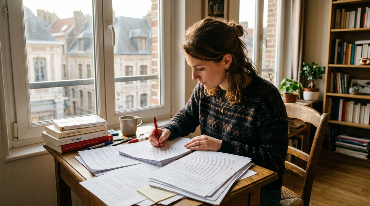 Correctrice freelance travaillant sur un manuscrit à son bureau