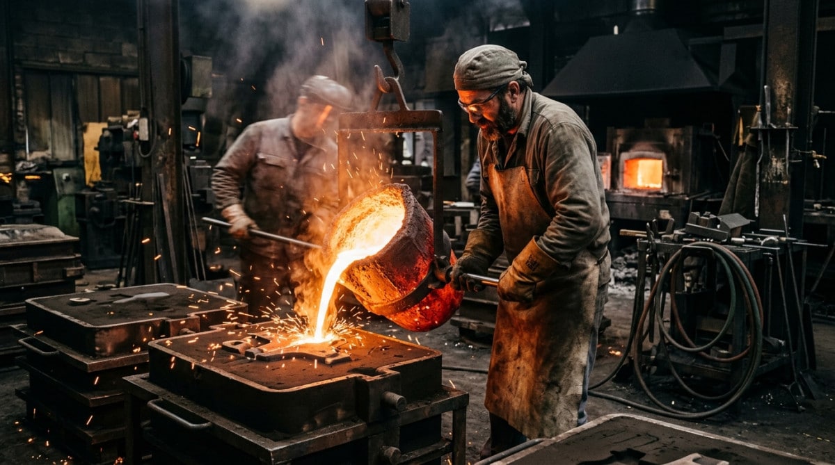 Coulée de fonte en fusion dans un moule en sable à l'usine
