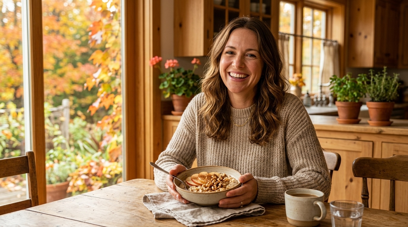 Femme souriante devant un bol de porridge à la pomme