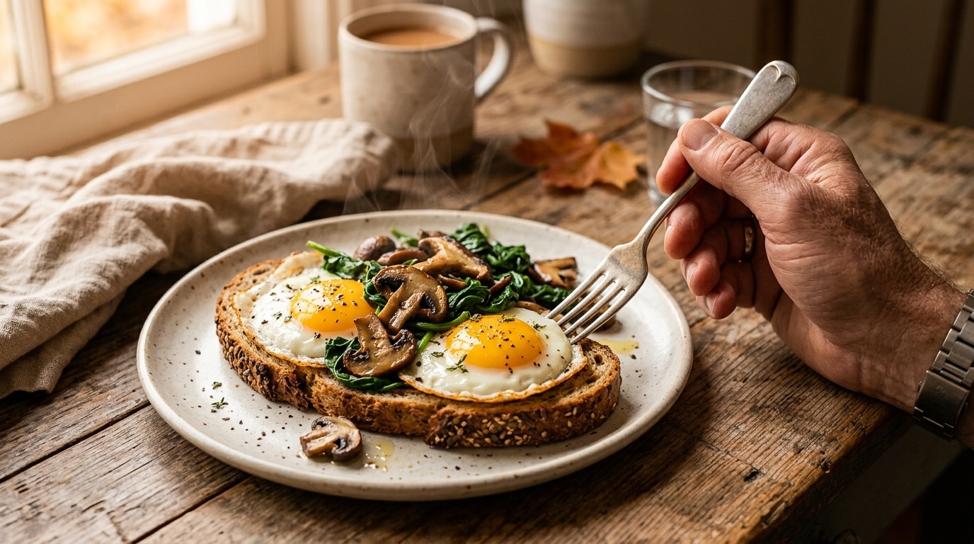 Œufs et champignons poêlés sur du pain complet