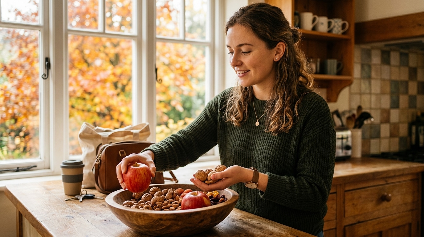 Femme prenant une pomme et des noix avant de partir