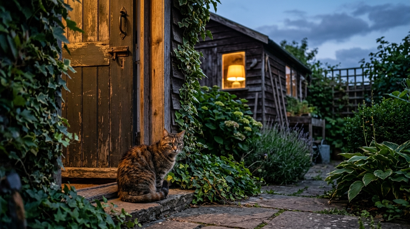 Chat frissonnant près d'un abri de jardin au crépuscule