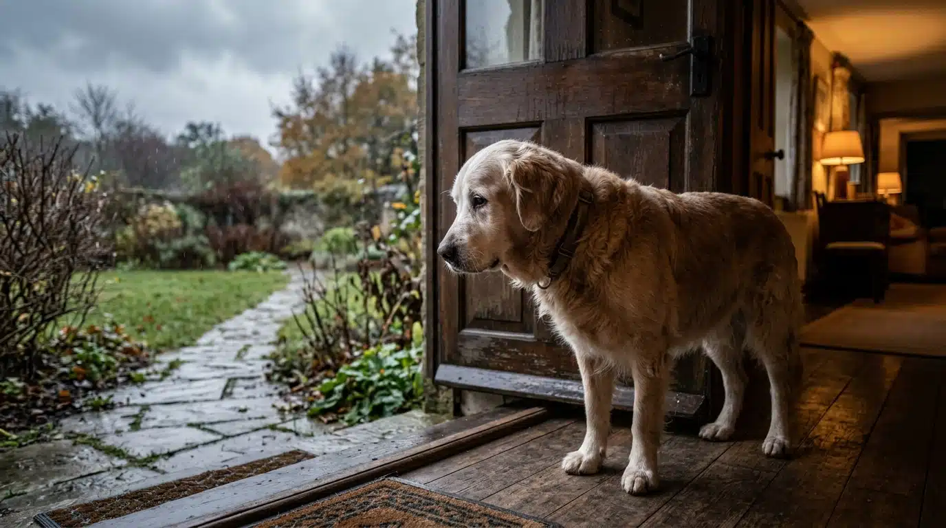 Chien âgé hésitant devant la porte par temps froid