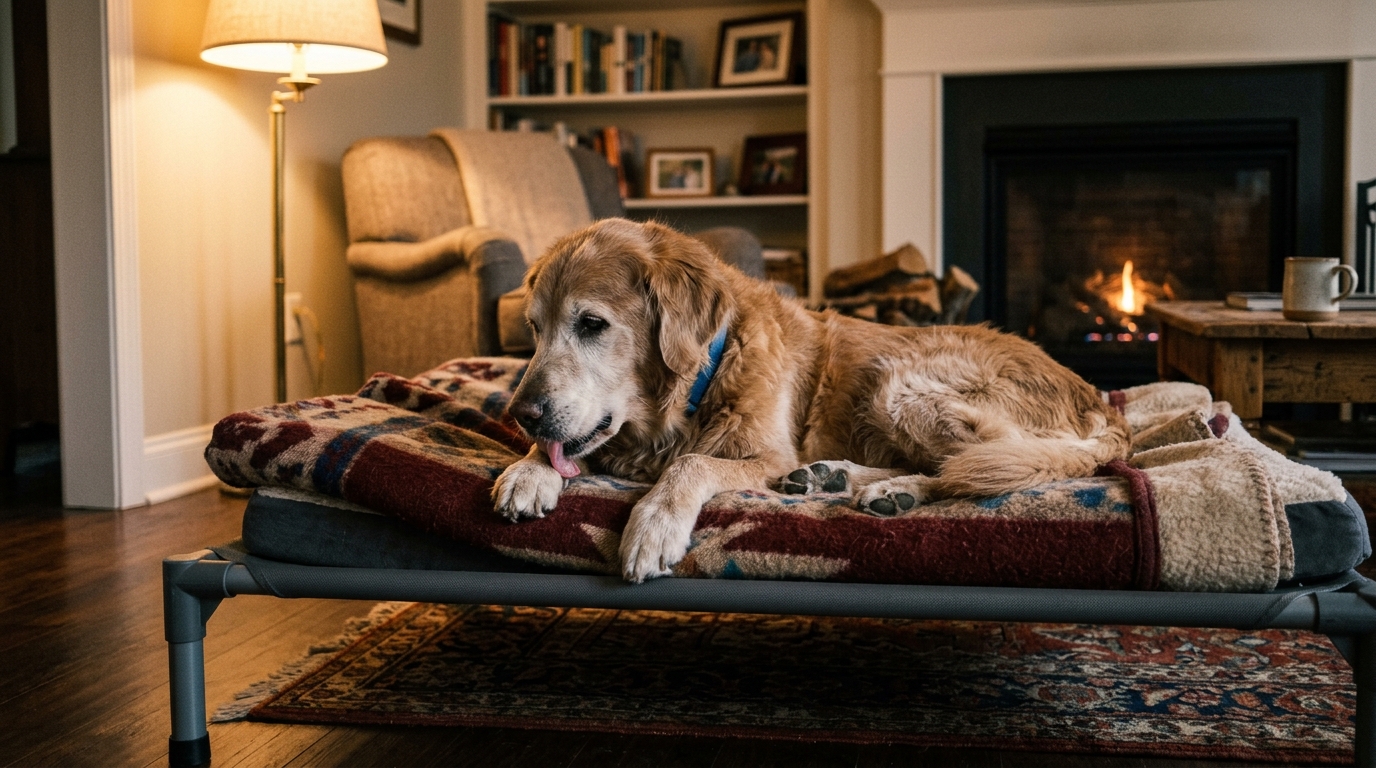 Vieux chien allongé sur un couchage surélevé et confortable