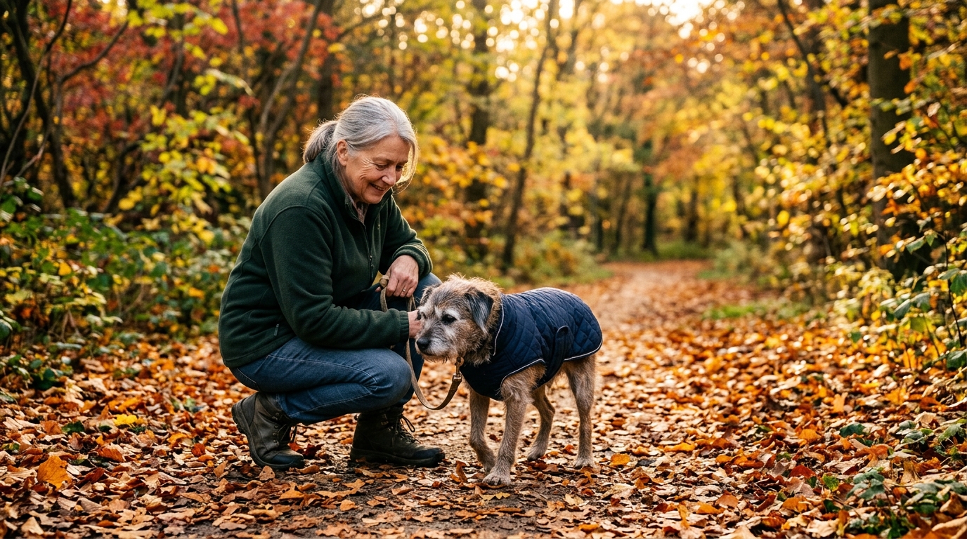 Maître aidant son chien âgé lors d'une courte balade