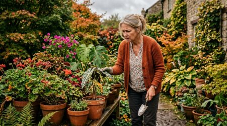 Femme inquiète vérifiant ses plantes en pot au jardin