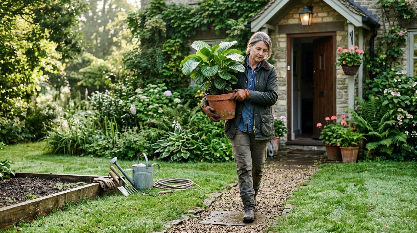 Jardinier rentrant une plante exotique en pot à l'abri