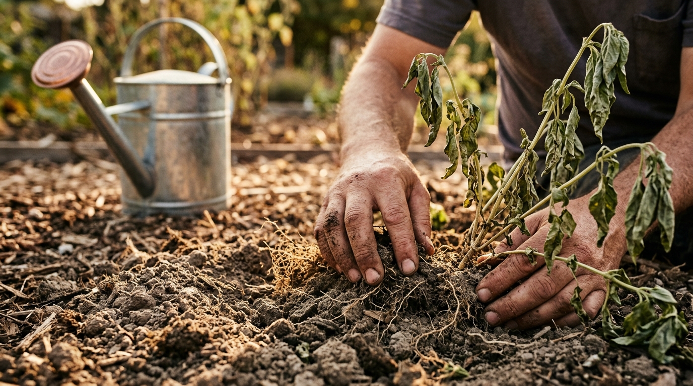 Main vérifiant l'humidité du sol près d'une plante