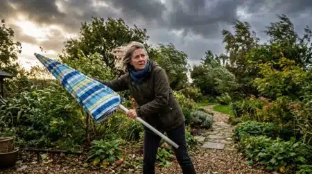 Femme sécurisant un parasol de jardin avant les rafales de vent