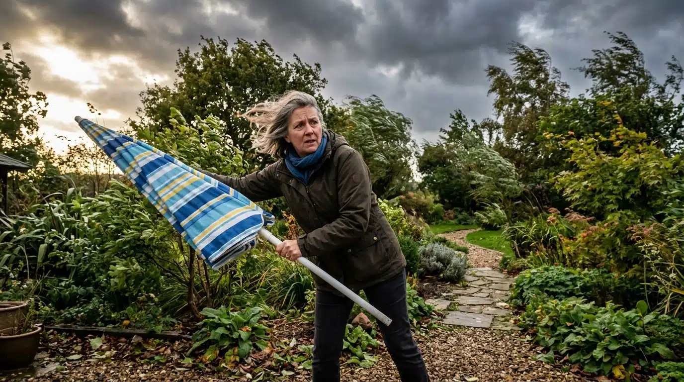 Femme sécurisant un parasol de jardin avant les rafales de vent
