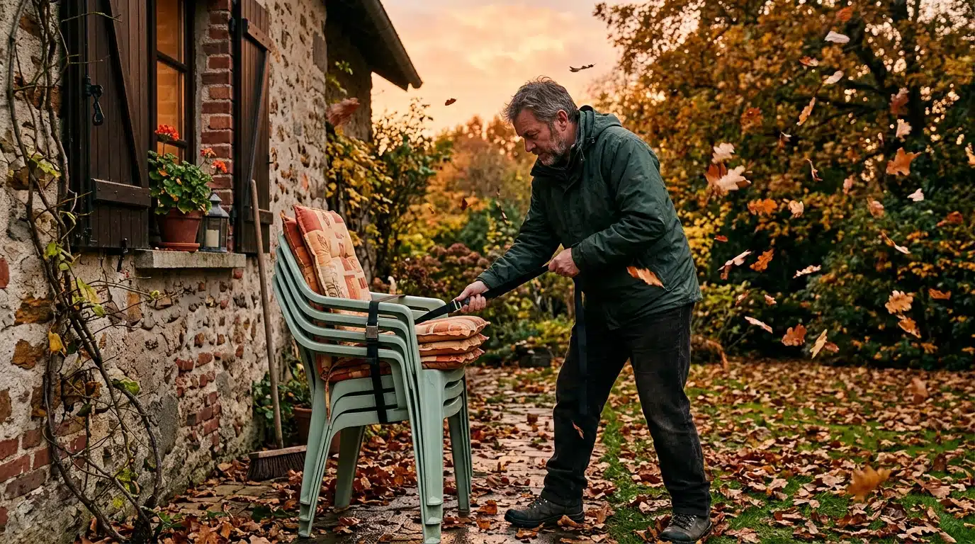 Homme rangeant les meubles de jardin légers avant la tempête