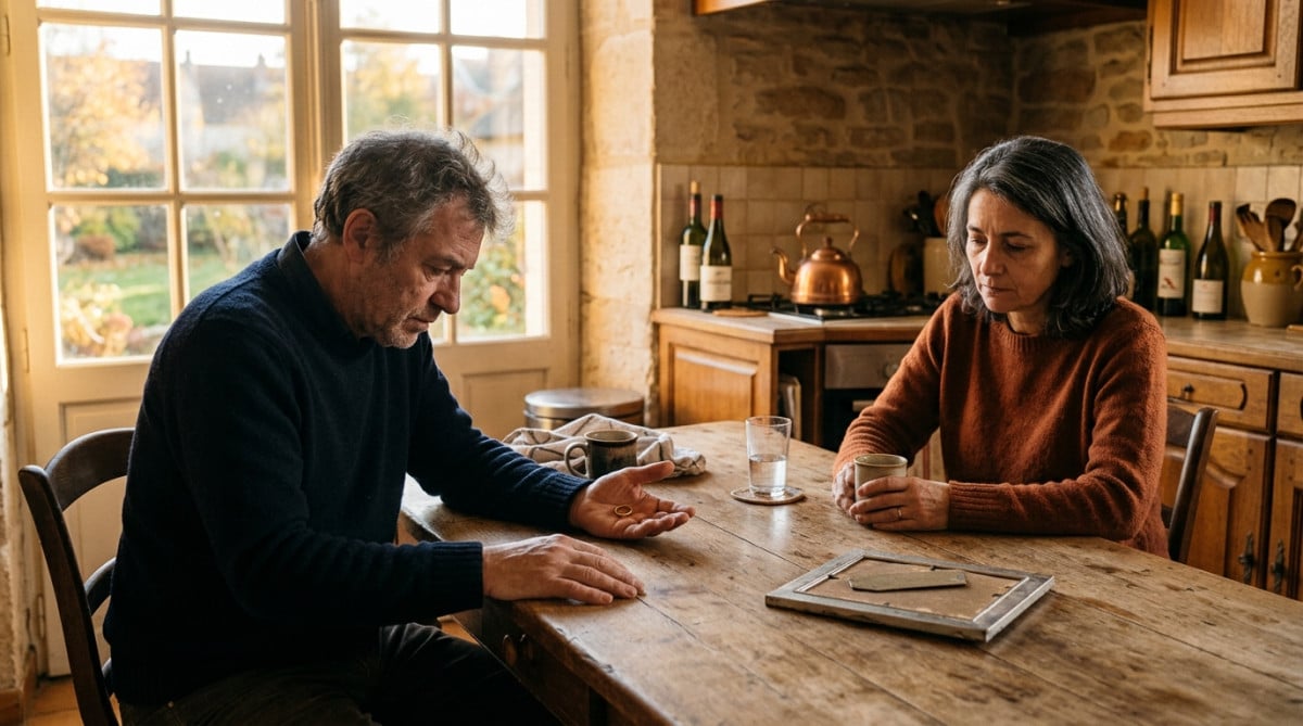 Couple assis à table avec une alliance posée, ambiance de séparation