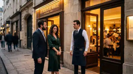 Couple déçu devant un restaurant fermé le soir