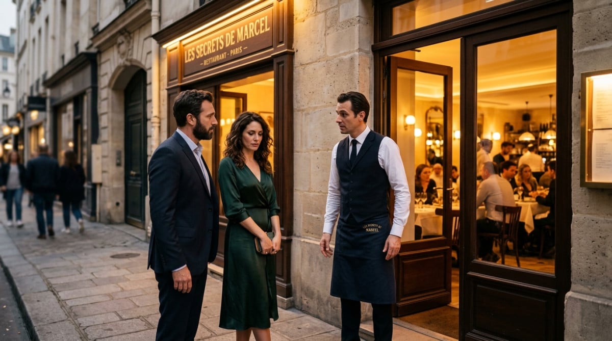 Couple déçu devant un restaurant fermé le soir