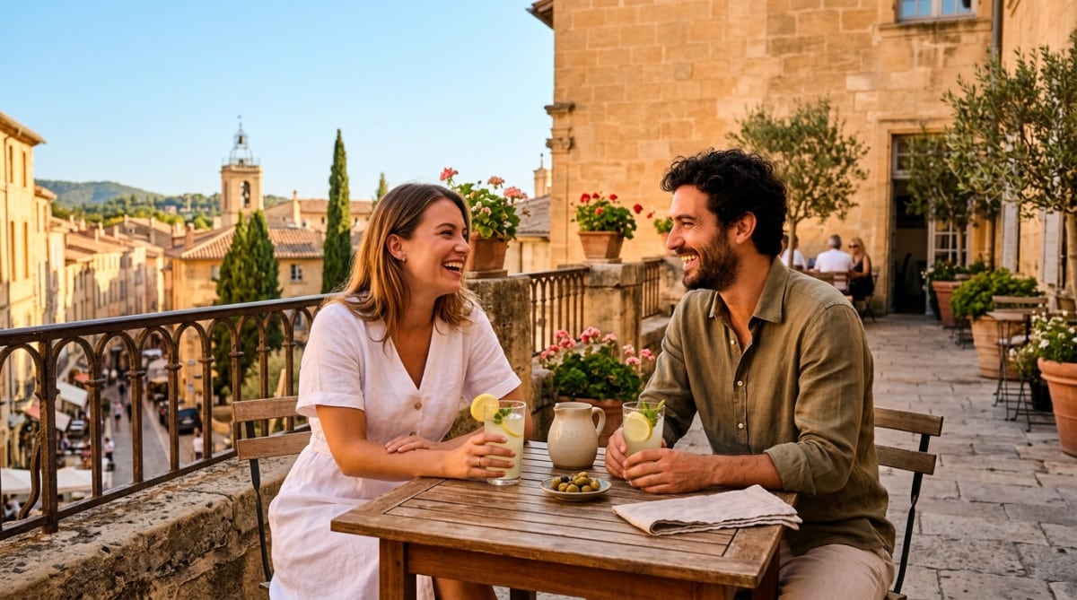 Couple profitant d'une terrasse ensoleillée l'après-midi