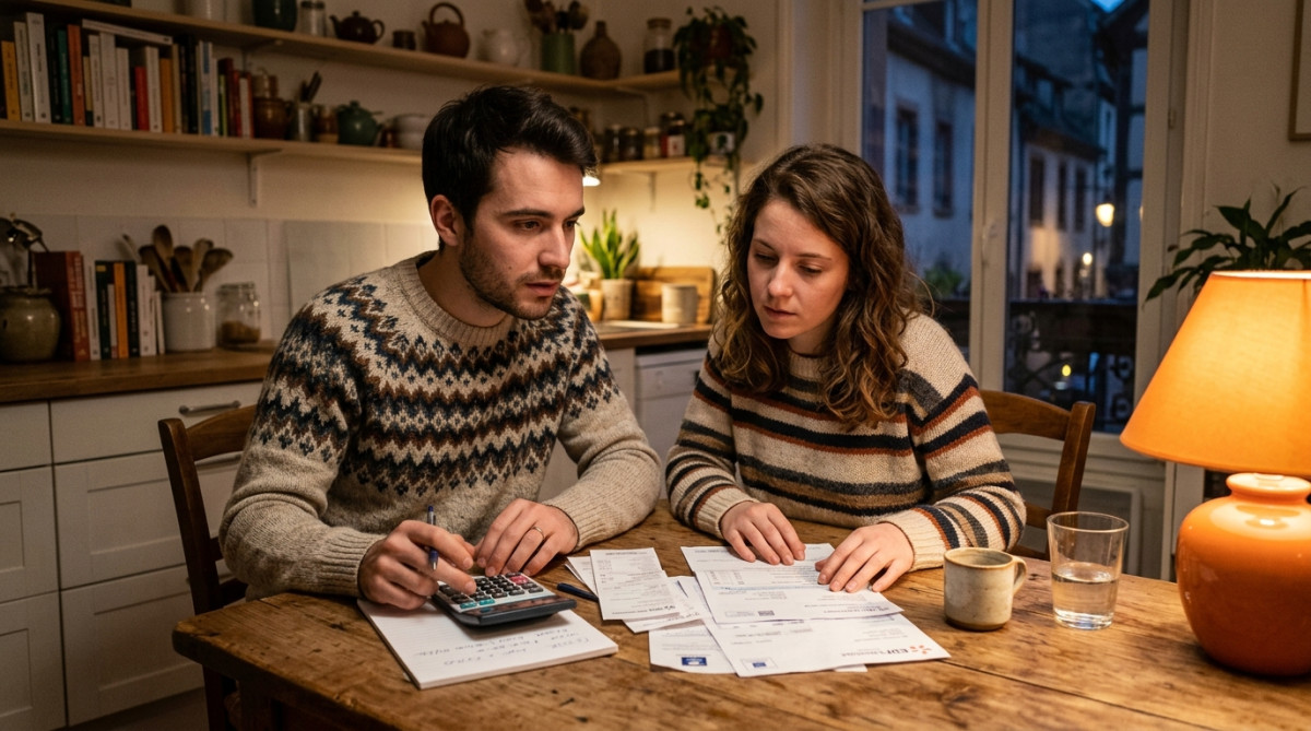Couple qui vérifie ses factures autour d'une table de cuisine