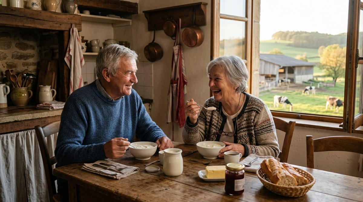 Couple savourant un yaourt nature dans une ferme du Grand Est