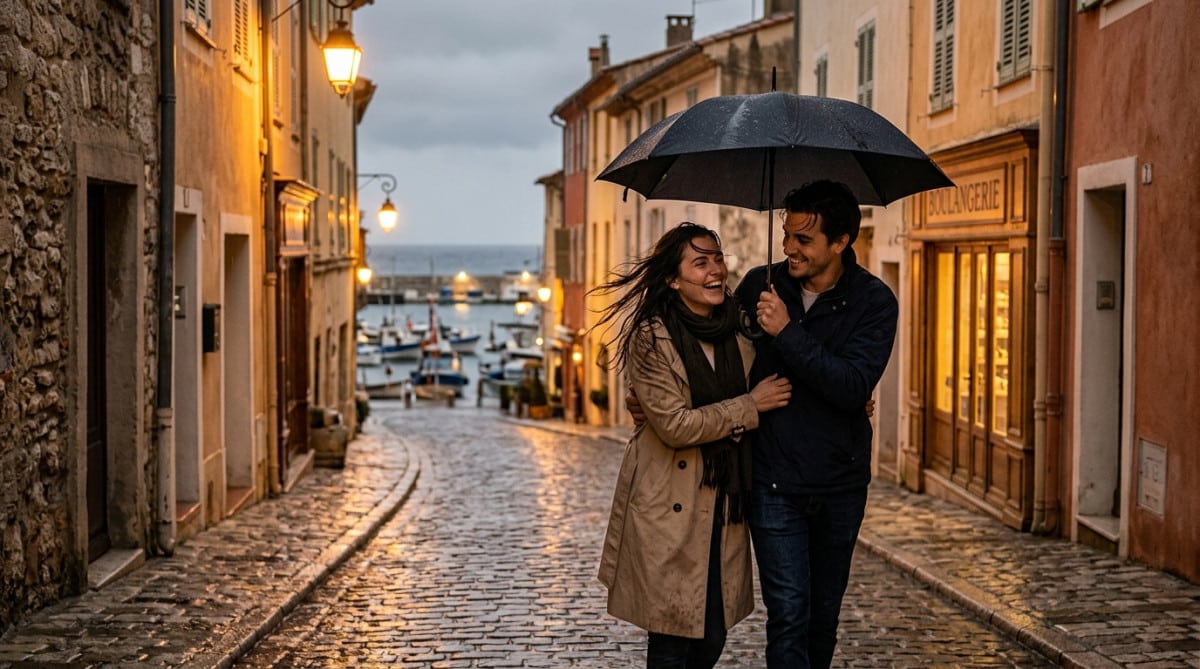 Couple sous la pluie dans une rue pavée