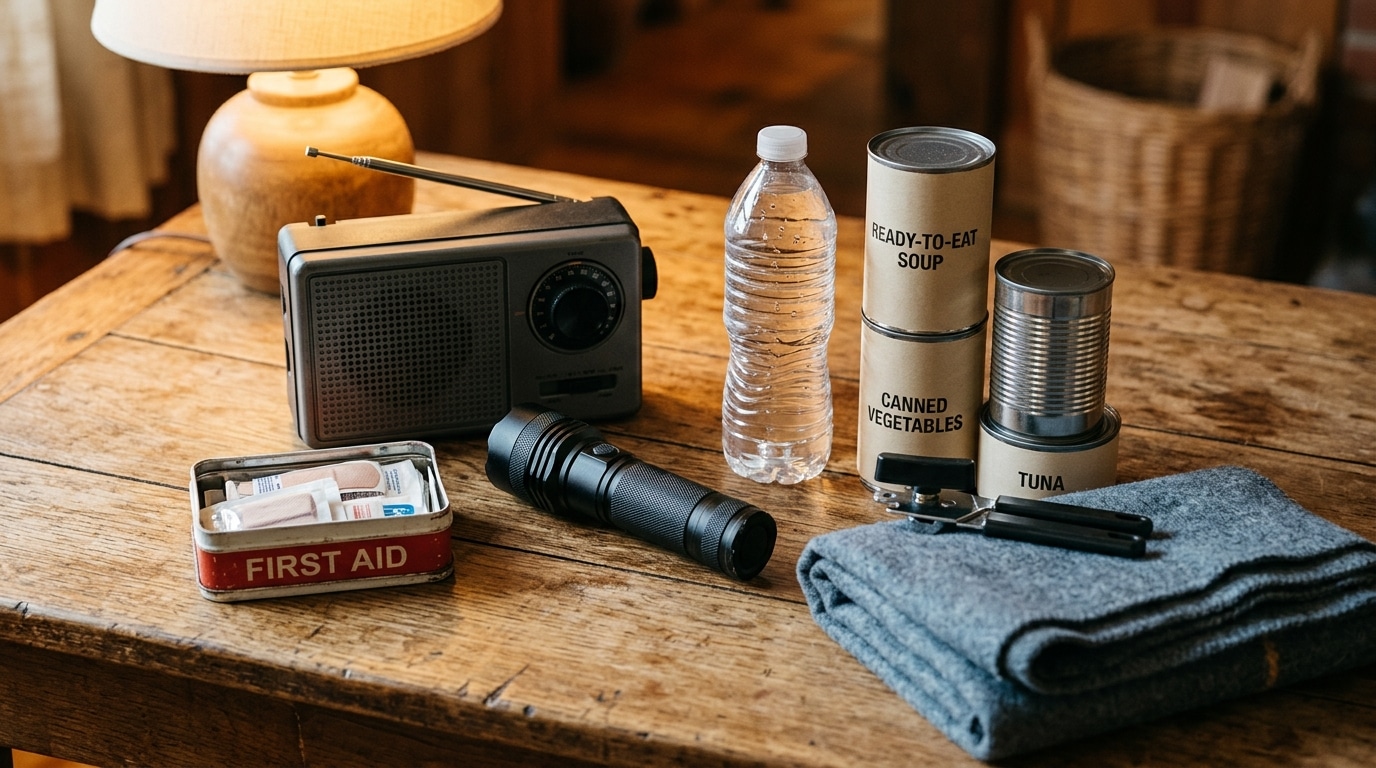 Kit d'urgence avec lampe, radio et provisions