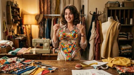Couturière présentant un bikini dans un atelier vintage