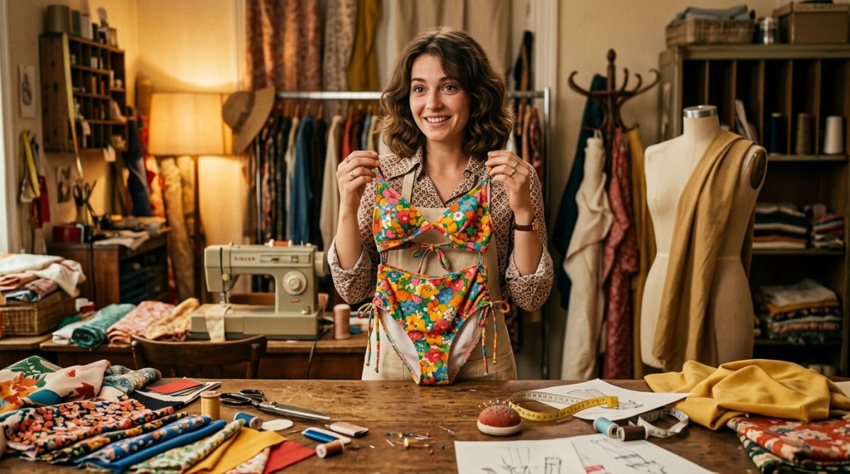 Couturière présentant un bikini dans un atelier vintage