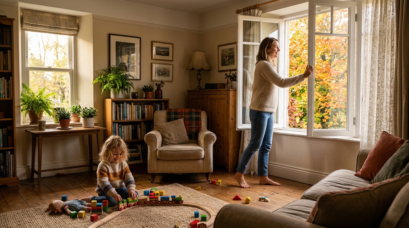 Femme ouvrant une fenêtre pour aérer le salon familial