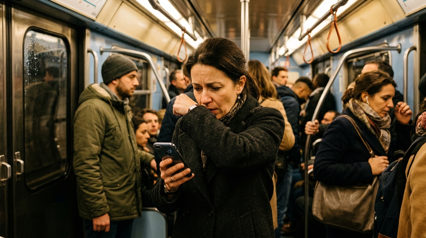 Passager toussant dans le métro parisien bondé