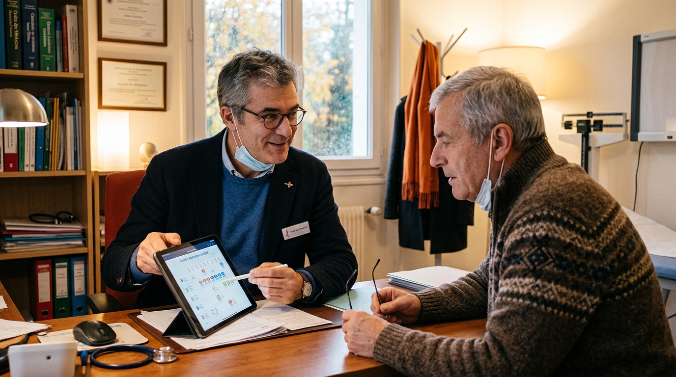 Médecin expliquant le calendrier vaccinal à un patient senior