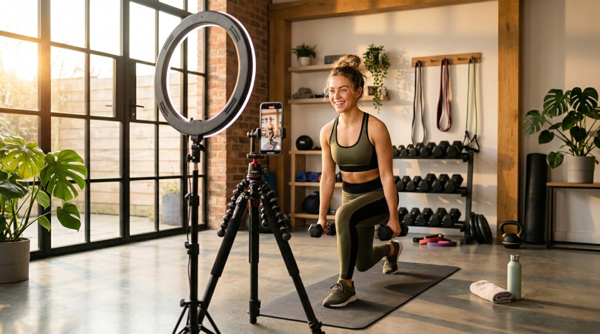 Créatrice de contenu filmant une séance de sport chez elle