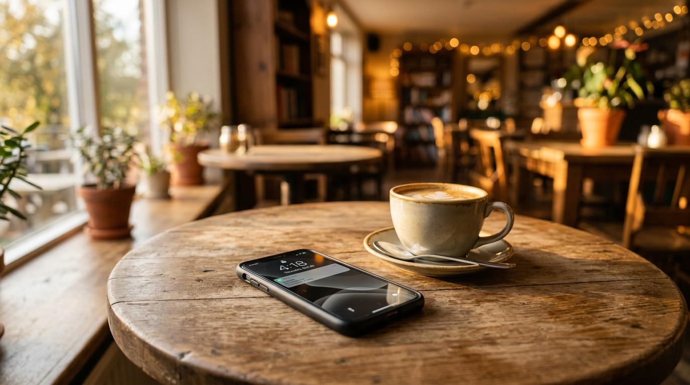 Téléphone posé sur une table de café, ambiance chaleureuse