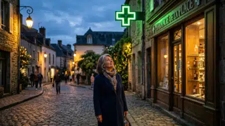 Croix verte de pharmacie éclairée la nuit en France