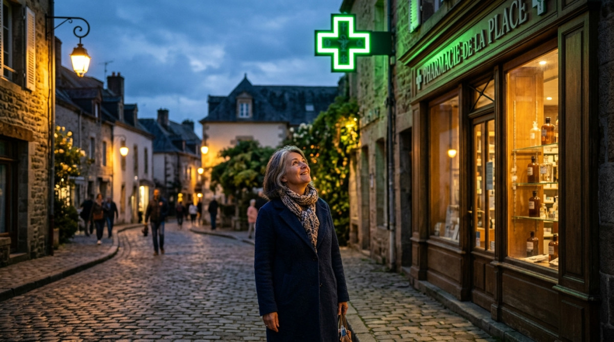 Croix verte de pharmacie éclairée la nuit en France